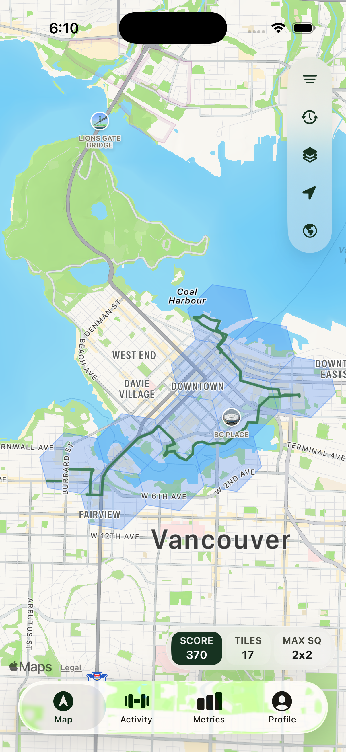 iPhone showing workout map coverage in Tiles